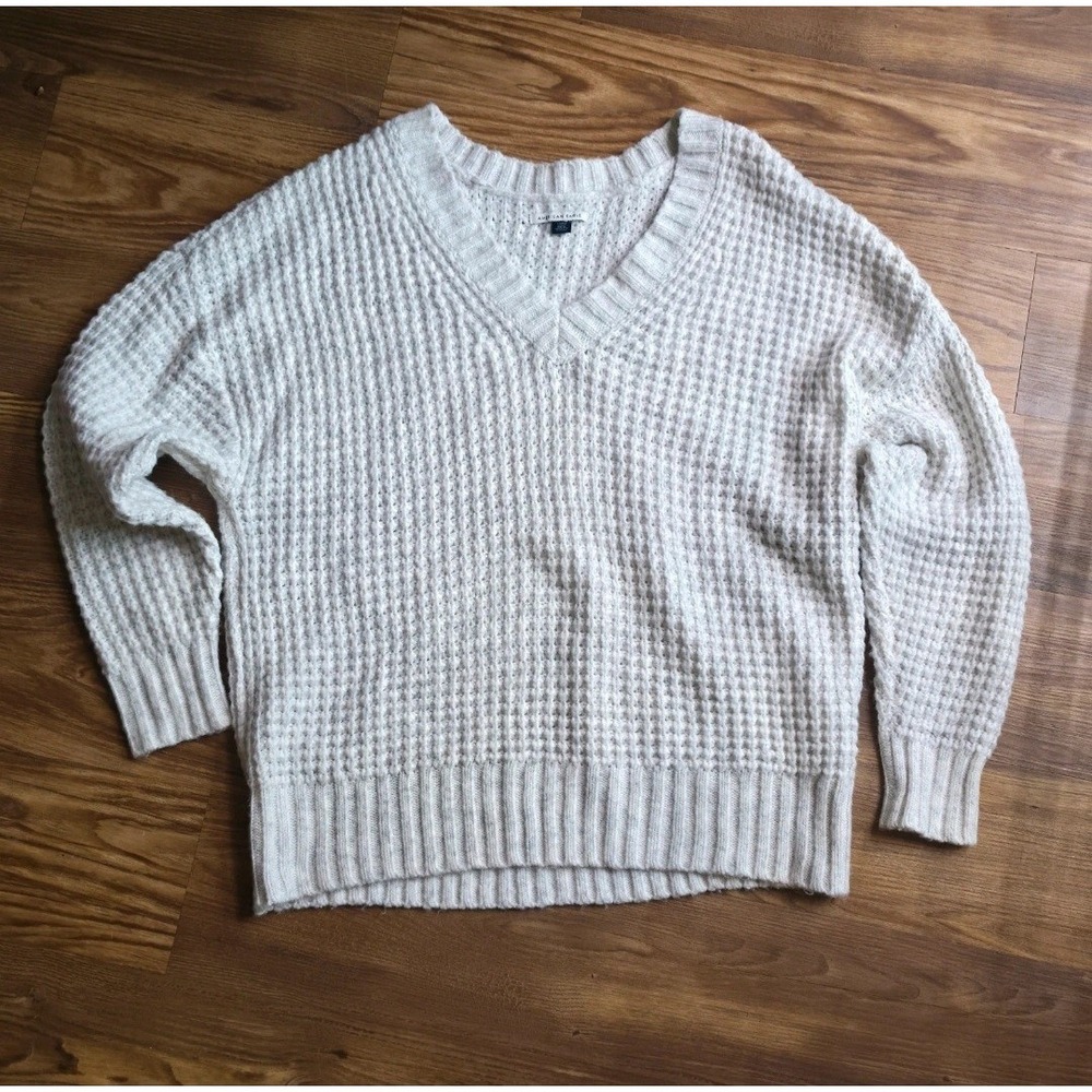 Cozy American Eagle Off-White Chunky Waffle Knit Sweater Oversized Slouchy VNeck